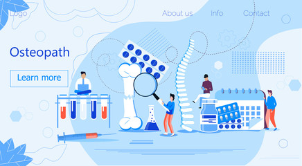 Osteopath practice. Osteoporosis concept, osteoarthritis anatomical vector. Tiny doctors research bones of human. Joint pain, fragility of lower leg are shown. It is for landing page
