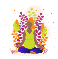 Pregnant yoga concept vector for landing page.Black woman is sitting in a lotus position. Zen relax pose, meditation, self-improvement, controlling mind and emotions, concentration