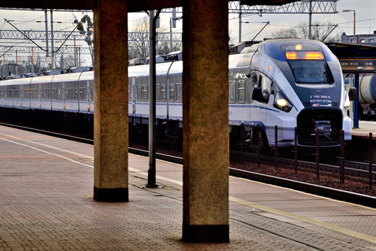 Passenger train at the station. Koluszki, Poland.