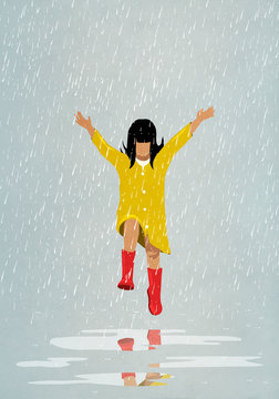 Illustration of girl jumping in rain puddles