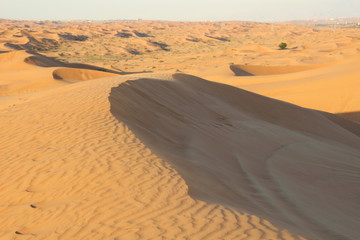 Fototapeta na wymiar sand dunes in the desert with snadows in the evening