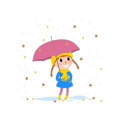 little cute girl under umbrella , rainy autumn day , cartoon design
