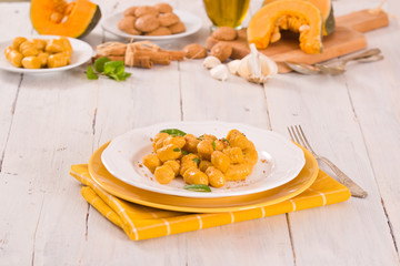Pumpkin gnocchi with grated amaretti cookies.