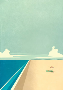 Woman sunbathing under umbrella on remote ocean beach
