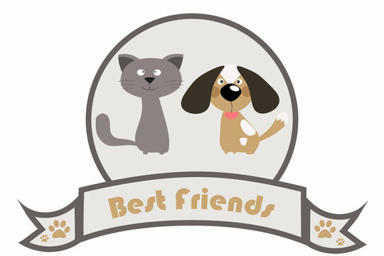 Dog and cat together inside a circle with the slogan Best Friends, on white background, vector illustration