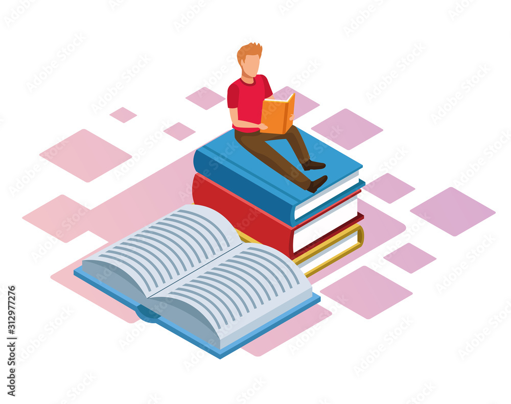 Poster man reading a book on stack of books