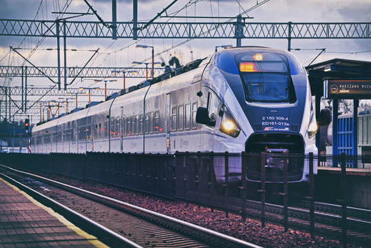 Passenger train at the station. Koluszki, Poland.