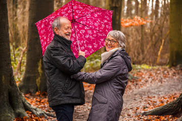 Senior couple walking in autumn forest with pink umbrella