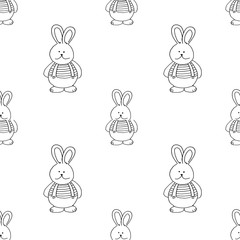 Seamless pattern with cute hand-drawn doodle bunny boy in strips t-shirt and pants with suspenders.
