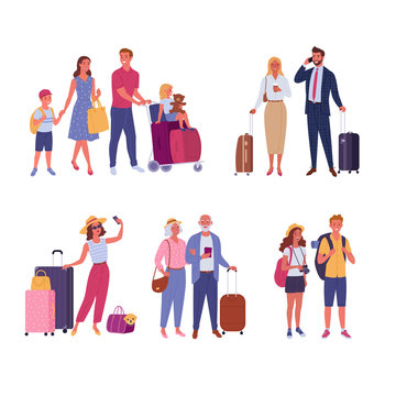 Travelers collection. Vector illustration of diverse cartoon people with luggage in trendy flat style. Isolated on white.