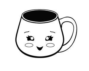 Cup with kawaii face. Cute cup emoticon. Vector linear picture for coloring - a cute mug. Outline. Hand drawing.