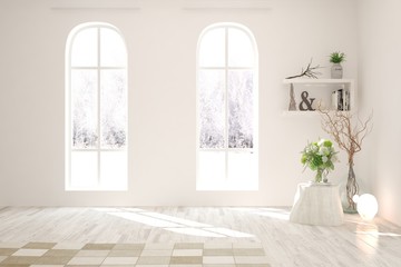 Mock up of empty room in white color with table, vase and winter landscape in window. Scandinavian interior design. 3D illustration