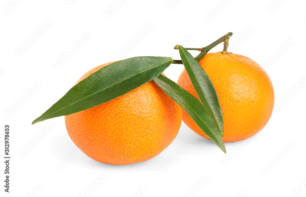 Wall mural fresh ripe juicy tangerines isolated on white