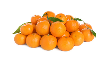 Pile of fresh juicy tangerines isolated on white