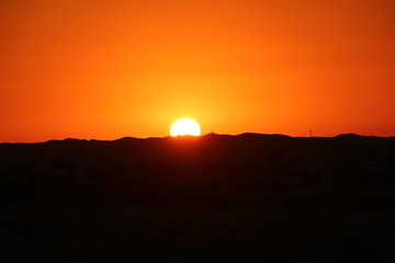 sunset in desert with sand dunes, rare green grass, orange sky