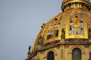Rooftop of Les Invalides in Paris close up against a blue sky.