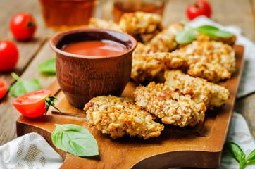 almond crusted chicken tenders with ketchup on a wood background