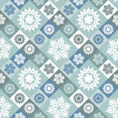 Abstract blue geometric seamless pattern with flowers and stars.