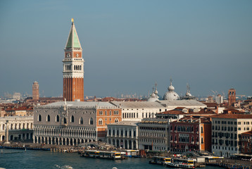 Venice, Italy: aerial view from Giudecca Canal to the Piazza San Marco with Campanile and Doge's Palace