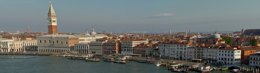 Venice, Italy: aerial view from Giudecca Canal to the Piazza San Marco with Campanile and Doge's Palace, panorama picture