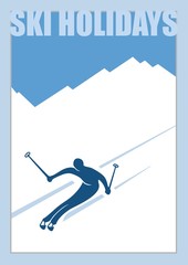 Minimalist winter poster. Advanced skier slides down the mountain.