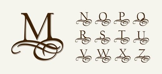 Vintage Set 2. Calligraphic capital letters with curls for Monograms and Logos. Beautiful Filigree Font With elements of Arabic calligraphy - obrazy, fototapety, plakaty