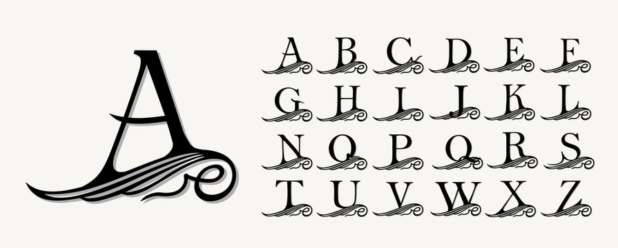 Vintage Set. Calligraphic capital letters with curls for Monograms, Emblems and Logos. Beautiful Filigree Font. Is at Conceptual wing or waves . Baroque style