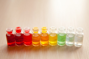 A set of aromatic oils. Bottles of Spa essential oils for aromatherapy.