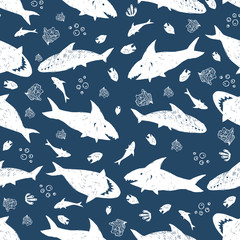 Vector blue and white cute shark pen sketch rows 01 repeat pattern. Perfect for fabric, scrapbooking and wallpaper projects.
