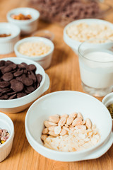 selective focus of nuts in bowl near chocolate