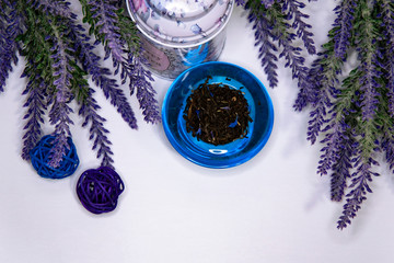 Obraz na płótnie Canvas Lavender flowers tea balls. Сard with copy space