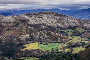 Fototapeta na wymiar Aerial view from Fito viewing point in Sierra del Sueve limestone massif in Cantabrian mountain range in Spain