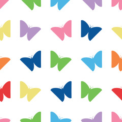 Simple multi color butterfly silhouette vector seamless pattern. Cute, multi color butterflies in a simple, versatile seamless pattern for clothing, textile, wallpaper and more.