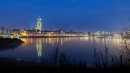 Deventer skyline, blue hour at the river IJssel