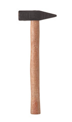 Hammer isolated on white background with wooden handle. Close up.