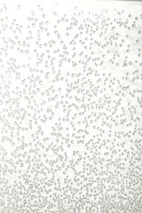 Water bubbles in a glass container on white background. close up