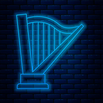 Glowing Neon Line Harp Icon Isolated On Brick Wall Background. Classical Music Instrument, Orhestra String Acoustic Element. Vector Illustration