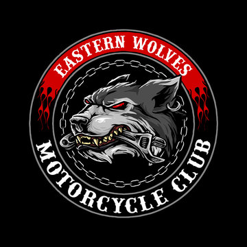 wolf head with wrench in the mouth logo for motorcycle club vector design