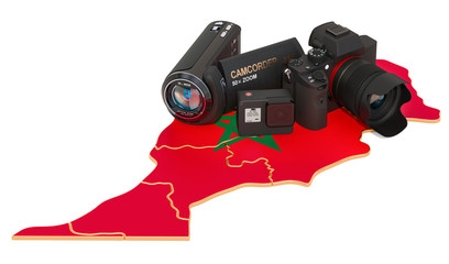 Travel and photo, video shooting in Morocco. Digital camera, camcorder and action camera on Moroccan map. 3D rendering