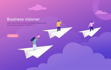 Business vision vector illustration concept, flat character standing on paper plane with binocular, people achieving goal can use for, landing page, template, ui, web, homepage, poster, banner, flyer