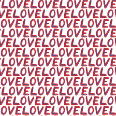 The word love in solid text. Seamless pattern of hand-drawn words love. Red watercolor letters with blue crayon texture on a white background. Template for Valentine's Day textile, posters, paper
