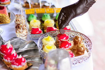 Hands in black gloves serves sweets. Catering