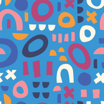 Abstract shapes blue pink orange white seamless vector kids pattern. Contemporary geometric elements puzzle mosaic background. Modern happy children print. Use for kids decor, fabric, packaging 