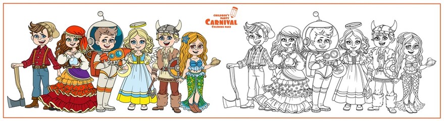 Children in carnival costumes fortune teller, astronaut, lumberjack, viking, mermaid, angel characters color and outlined for coloring page