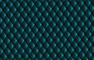 Quilted abstract diamond shaped pattern. Dark green colored cloth stitched in rhombus. Leather like material. Gradient 3D grid illusion. Line design. Bright colorful geometric backdrop