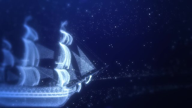 Sailing ship in space with stars. 3D animation, 3D render