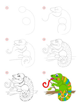 How to draw step by step a cute toy chameleon. Educational page for kids. Back to school. Developing children skills for drawing and coloring. Printable worksheet for baby book. Vector cartoon image.