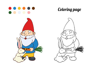 Illustration of cute garden gnome feed the rabbit. Coloring page or book for baby