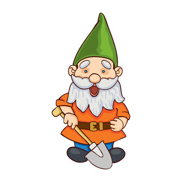 Vector colorful illustration of garden gnome with a shovel. Cute fairytale character