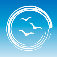 White birds silhouettes logo on blurred blue background
